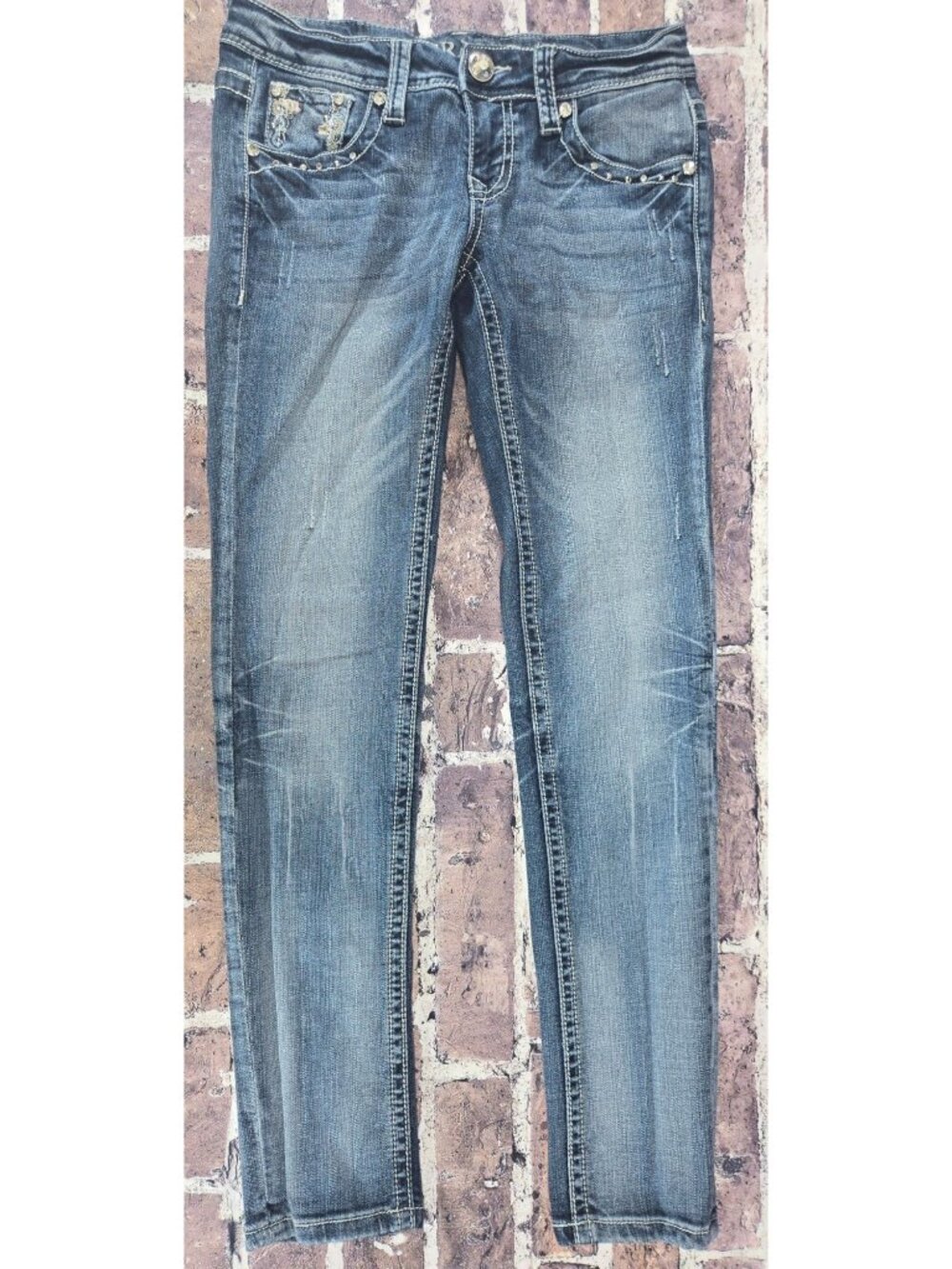 Grace In LA Skinny Jeans Size 27 (30x31) Embroidered Cross Pockets & Rhinestone